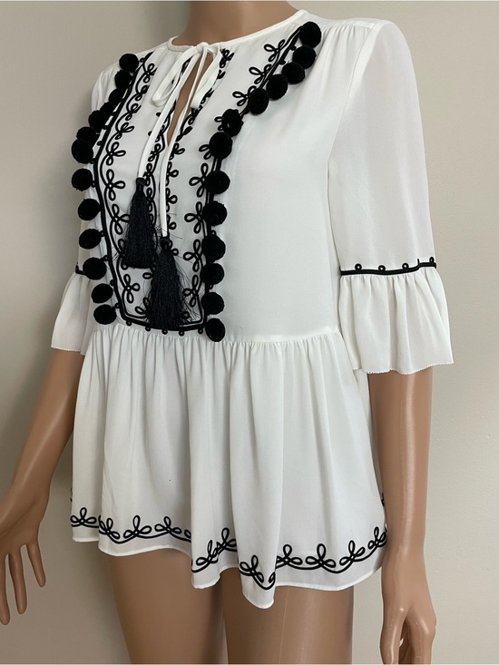 kate spade Tops - Women's KATE SPADE NEW YORK White & Black POM PON Ruffled PEPLUM Designer BLOUSE